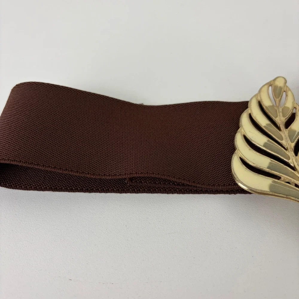 Vintage Brown Elastic Cinch Belt Gold Leaf Enamel Buckle Retro Waist Belt Sz M